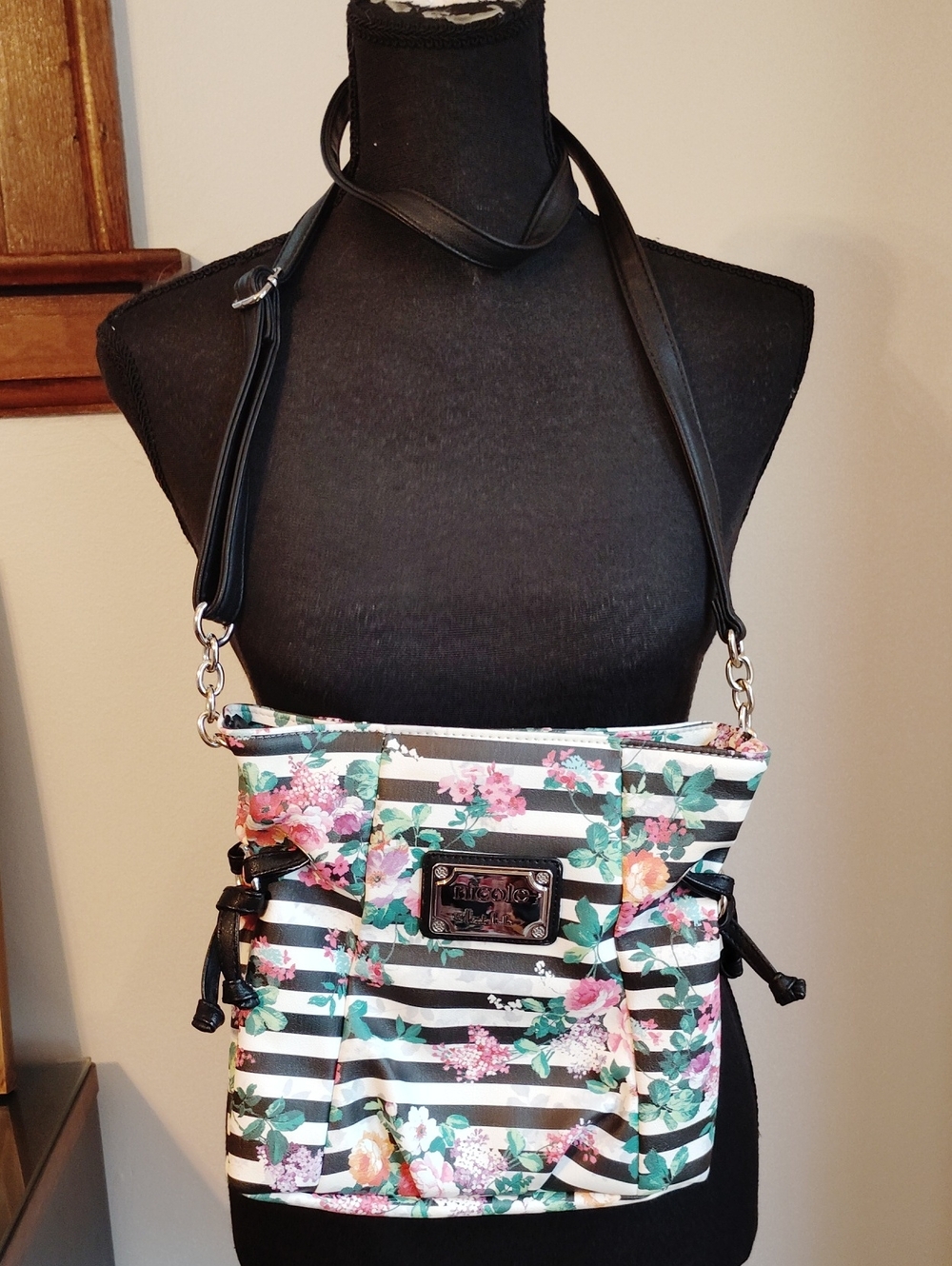 Nicole Miller Flower Black & White Striped Floral Crossbody Bag